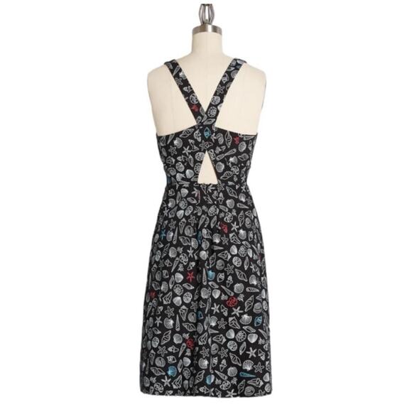 ModCloth Seashells Dress 8 Black Beach Vacation Cutout Linen Retro Coastal New - Picture 5 of 9